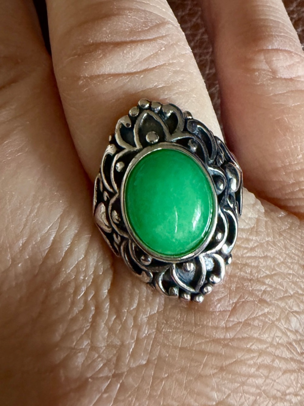 Sterling Silver Green Stone Floral Ring